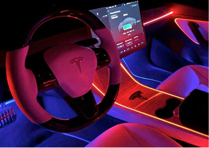 Custom red and blue LED accent lighting inside a vehicle